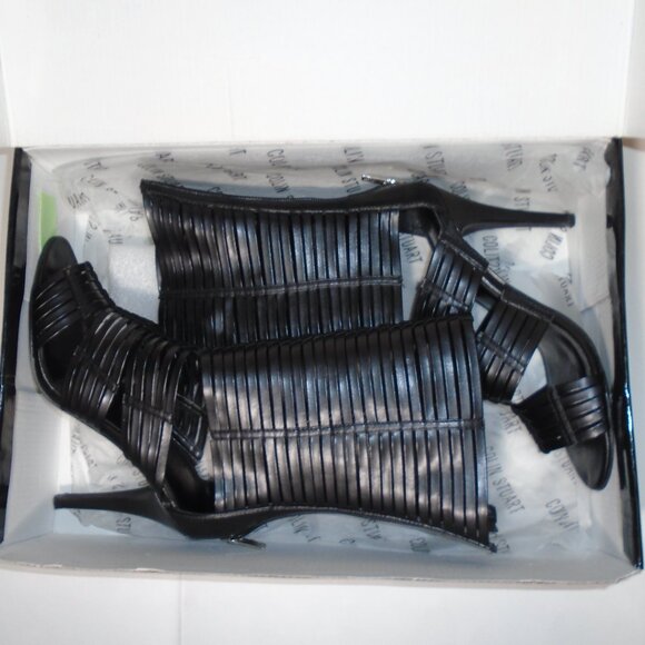 Colin Stuart Calf High Boots Stiletto Heel Pumps Skin Baring Peep Toe Black - Picture 14 of 14